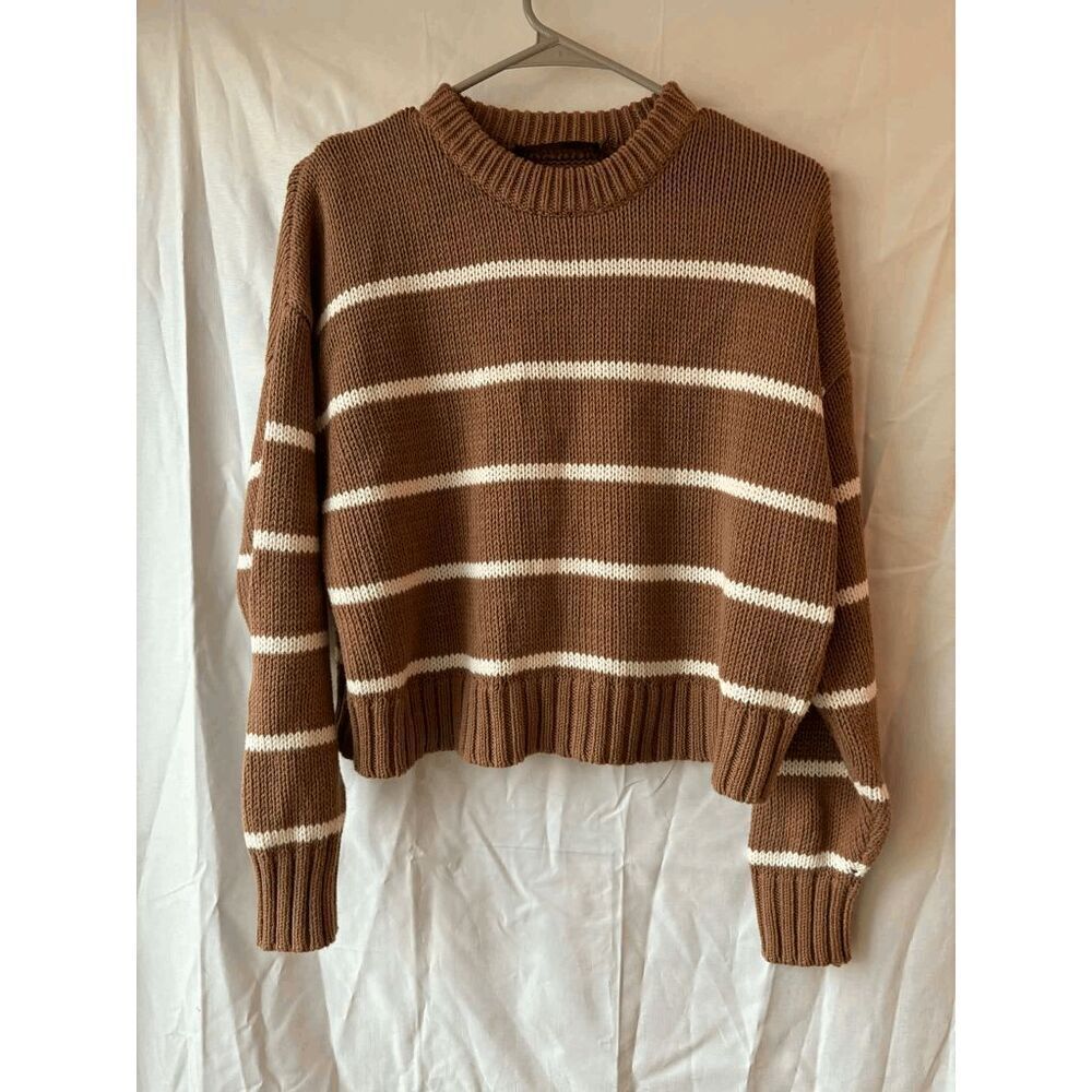 Jenni Kayne Chloe Crewneck Sweater in Brown with White Stripes Womens Size XXS
